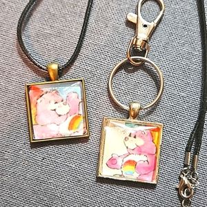 Cheer Bear Care Bears lot children's book page necklace & keyring set ooak 1980s